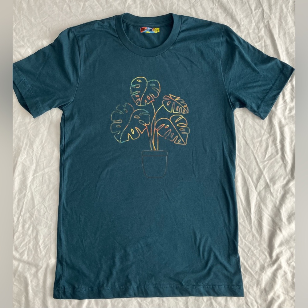 Monstera Leaf Plant Vibrant Radiant Reflective Colors Womens Teal Blue Tee Small